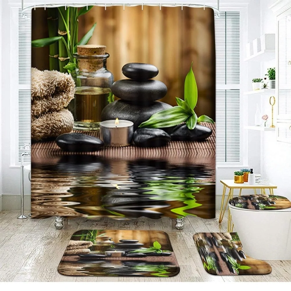 4 Pcs Shower Curtain Set Stones Spa Oil Wood Massage Relax Candle Set 72